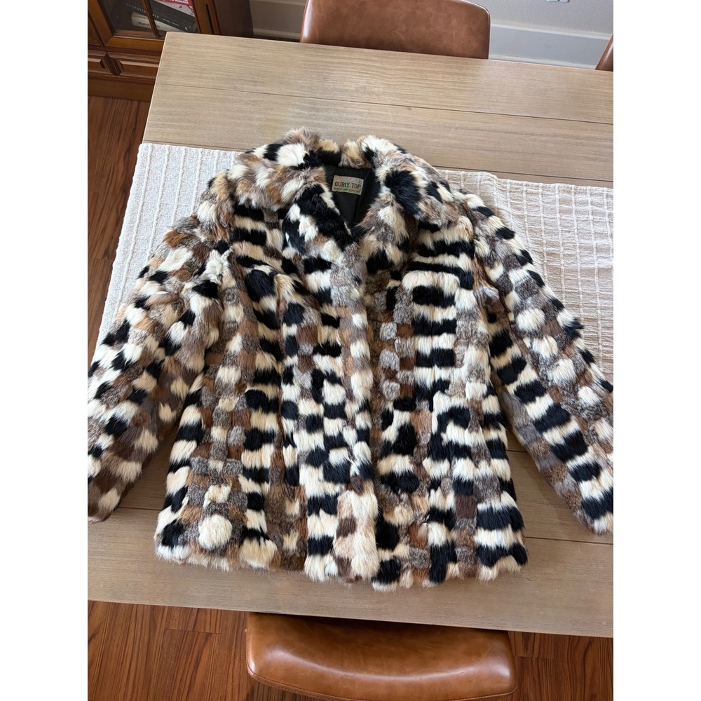 vintage 70s patchwork rabbit fur jacket mid-century Curly Top Hong Kong mob wife - Picture 1 of 11